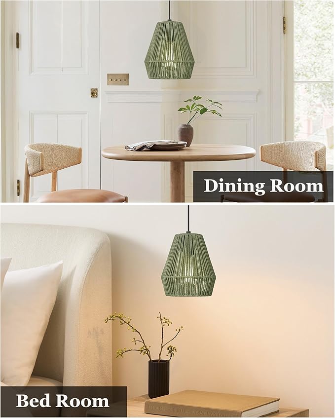 ELYONA Woven Pendant Lights, 7” Rustic Rattan Hanging Lamp Adjustable Handwoven Basket Shade, Boho Pendant Light Fixtures for Kitchen Island, Dining Room, Bedroom, Farmhouse Bar, Foyer Hallway, Green