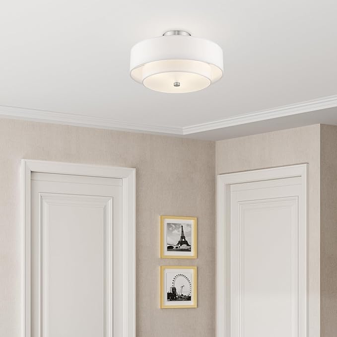 Livex Lighting 51044-91 Brushed Nickel Flush Mount with Off-White Fabric Hardback Shade