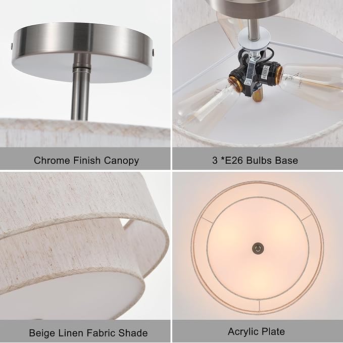 18" Semi Flush Mount Ceiling Light 3-Light Modern Linen Drum Ceiling Lighting with Chrome Finish, Vintage Ceiling Light for Living Room, Kitchen, Basement, Laundry Room, Bedroom