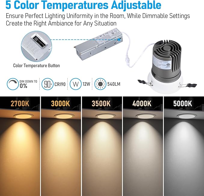 TORCHSTAR 4 Inch 5CCT Anti Glare LED Recessed Lights with J-Box, Deep Recessed Zero Glare Canless Downlight, Ultra-Slim Trim Gimbal Ceiling Light, 2700-5000K, Ultra Narrow Frame, ETL FCC, Pack of 4