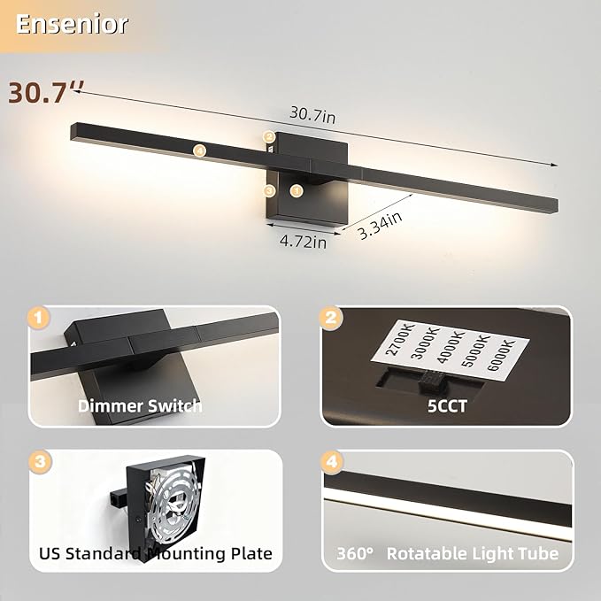 Brushed Black Vanity Light 30 Inch Modern Bathroom Light Fixtures 18W Wall Vanity Lamp Over Mirror, Dimmable 5CCT LED Wall Sconce for Bedroom Cabinets