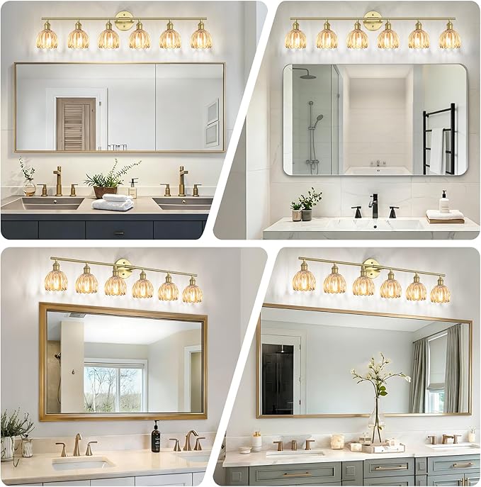 Vintage Bathroom Light Fixtures,6-Light Hardwired Vanity Lights with Amber Tulip Glass Shade,Gold Bathroom Vanity Light for Mirror Restroom,E26 Socket,40.55 in(Bulbs Not Included)