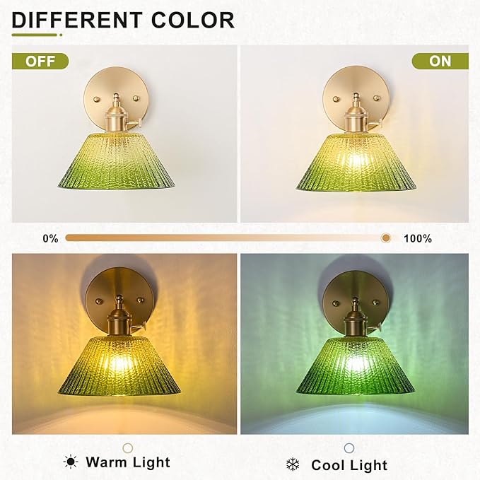 Wall Sconces Set of Two Hardwired, Vintage Wall Light with Gradient Green Glass Lampshade, Bathroom Wall Sconces with Switch, Gold Wall Light Wall Decor Set of 2