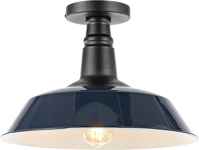 JONATHAN Y 14" Navy/Black 1-Light Industrial LED Semi Flush Mount Ceiling Light for Porch, Kitchen, Entryway, Modern Farmhouse Iron Fixture, White Metal Shade, LED Bulb Included (JYL7617C)