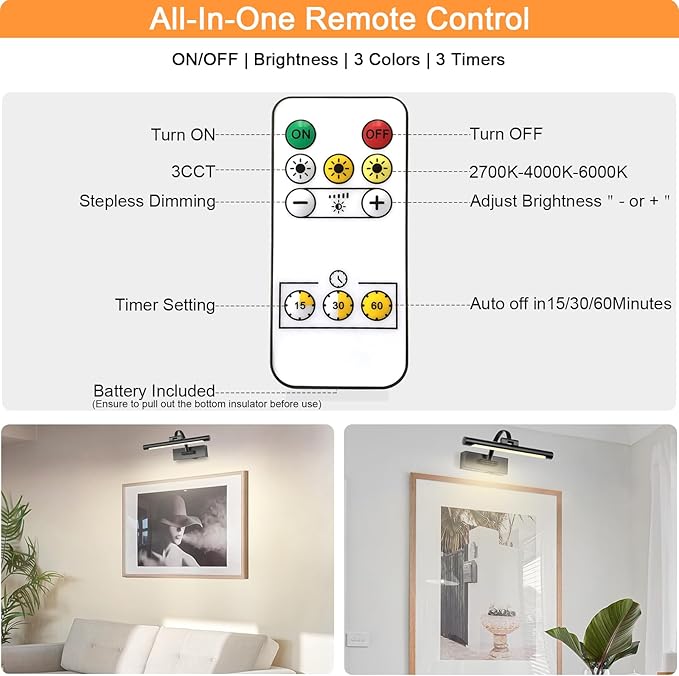 Tassuowell Battery Powered Picture Light with Remote and Timer,Full Metal Art Light with Swing Arm,12 Inch Dimmable,3CCT in One, Rechargeable Wall Lights for Display, Artwork, Canvas,Hallway