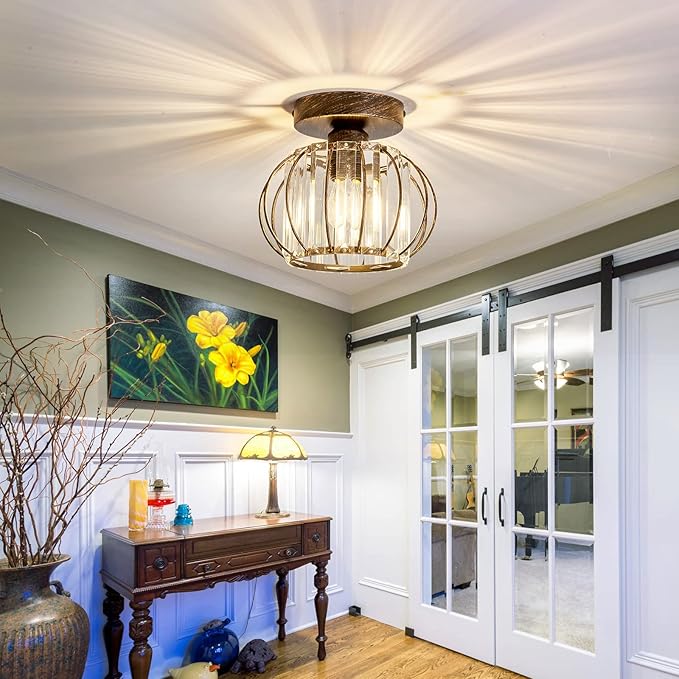 YYJLX Semi Flush Mount Ceiling Light Fixture E26 Mini Crystal Chandelier Oil Rubbed Bronze Small Ceiling Lamp for Entryway Bedroom Bathroom Hallway Closet Foyer Light
