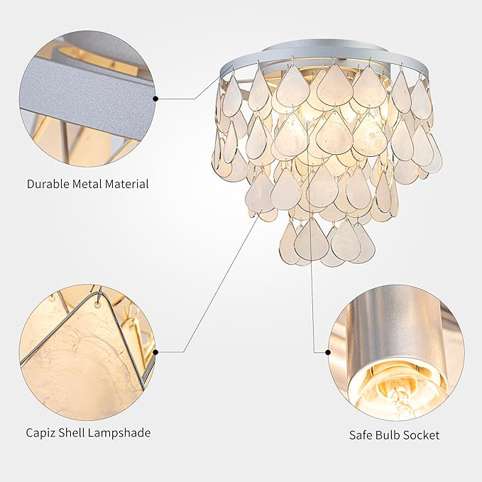 3-Light Teardrop Capiz Shell Ceiling Light, Coastal Design Flushmount Close to Ceiling Light for Kitchen, Dining Room & Bedroom, D11 * H11 inch, Silver Finish