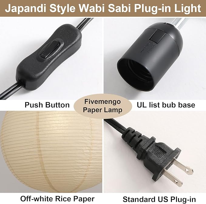 Paper Lantern Lamp Plug in Hanging Lamp, 20in Off-White Rice Paper Pendant Light with 19.7FT Cord Large Globe Japanese Japandi Wabi Sabi Chandelier for Dining Living Room Bedroom 1 Pack
