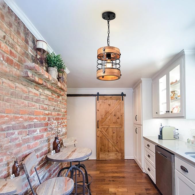 Wood Pendant Light Fixtures, Rustic Farmhouse Chandelier, Dining Room Light Fixture for Kitchen Island Foyer Hallway Bar, Height Adjustable