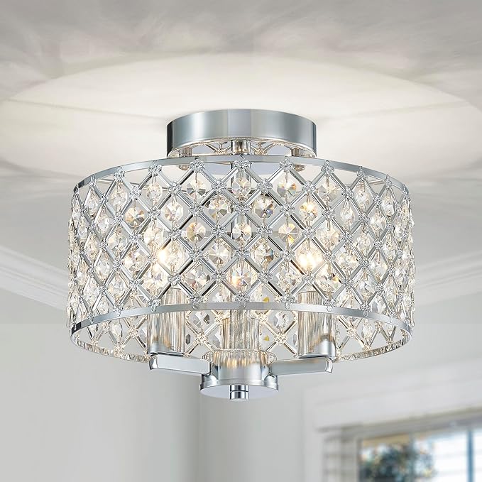 AGV LIGHTING Semi Flush Mount Ceiling Light Fixture, Chrome Ceiling Light Fixture, Siliver Crystal Ceiling Light for Kitchen, 3-Lights