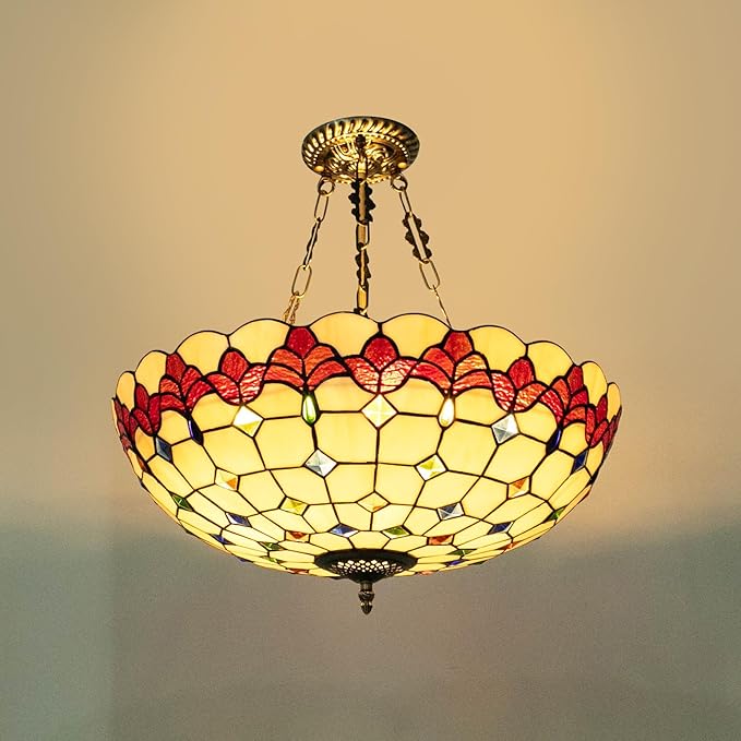 Vintage Pendant Light Fixtures, 20 Inch Stained Glass Hanging Lamp 100-240V Antique Style Ceiling Mount Fixture for Dining Room Living Room Kitchen Entryway-E26