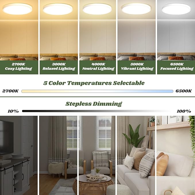 Brightever 15 Inch Large LED Ceiling Light Fixture with Night Light, 5CCT Dimmable Ceiling Lamp Flush Mount, 30W 3000LM, 2700K/3000K/4000K/5000K/6500K Adjusted Round LED Light for Porch, 1 Pack