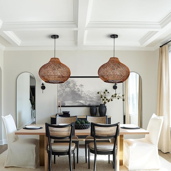 19inch Large Rattan Chandelier, Boho Rattan Chandelier Light 3-Light Wicker Rustic Hanging Light Fixture for Dining Room Kitchen Island Living Room Foyer Restaurant