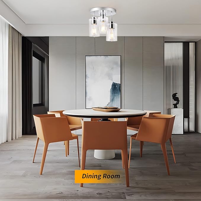 Semi Flush Mount Ceiling Light 3-Light Chrome Flush Mount Ceiling Light Fixtures with Clear Glass Shade, Modern Kitchen Ceiling Light for Bedroom Stairs Porch Hallway Entryway, E26 Socket