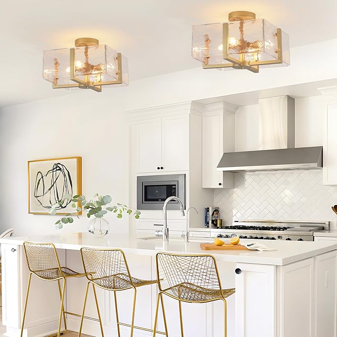 Gold Flush Mount Ceiling Light, 4-Light Brass Vintage Semi Flush Mount Hallway Foyer light fixture, Modern Glass Square Close to Ceiling Light for Kitchen, Dining Room, Bedroom, Bathroom, Entryway