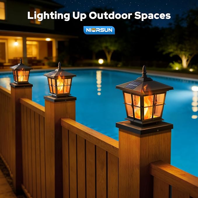 NIORSUN Solar Post Lights Outdoor, Fence Post Solar Lights with Flickering Flame Light, Waterproof, Garden Patio Fence Deck Decor, 4x4 Posts Caps, 4x4, 5x5 Wooden & Vinyl (2 Pack, Black)