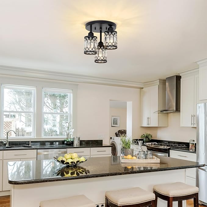 Semi Flush Mount Ceiling Light,3-Light Modern Crystal Close to Ceiling Light Fixtures, Black Kitchen Light Fixtures with Clear Crystal Shade,Hallway Light Fixtures for Hallway Bedroom Bathroom
