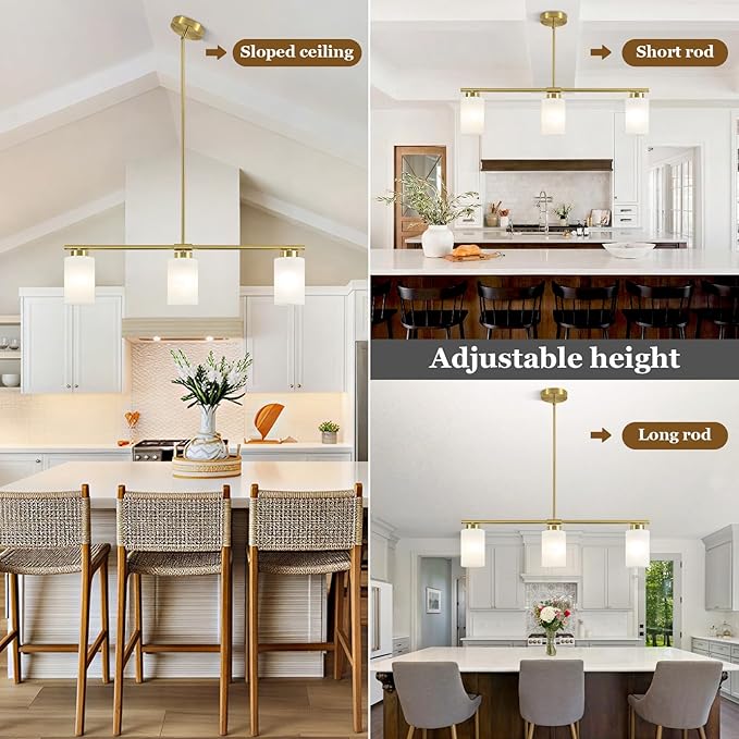 3-Light Gold Kitchen Island Lighting 31" Pendant Light with Milk Glass Shade Adjustable Height Linear Chandelier for Dining Room Modern Farmhouse Light Fixture Over Table Bar Living Room Foyer, E26