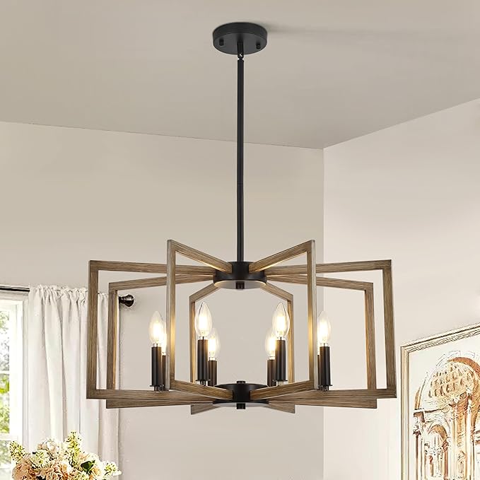 Klgxnrd 8-Light Modern Farmhouse Chandelier, Vintage Geometric Dining Room Lighting Hanging, Industrial Chandelier for Kitchen Island Entryway Foyer Stairway, Retro Wood Texture and Black Finish
