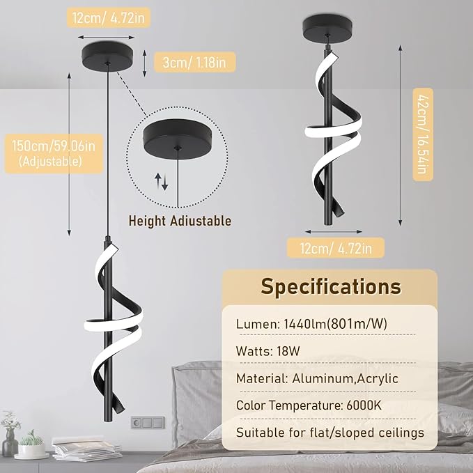 Black Led Pendant Light Fixtures,6000K Cool White Modern Pendant Lights for Kitchen Island,Adjustable Kitchen Island Light Fixture for Dining Room Bedroom Sink, 1 Pack (Black, 2 Packs)