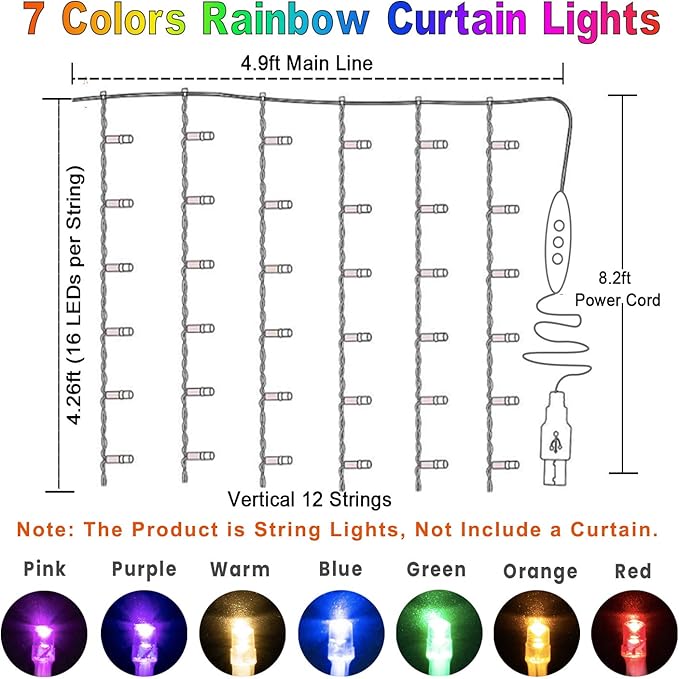 Rainbow Fairy String Curtain Lights with Remote, Twinkle LED Ombre Light Curtain for Girls Room, Kid's Bedroom, Teen Room, Unicorn Theme, Party, Easter Décor Gift (Rainbow)