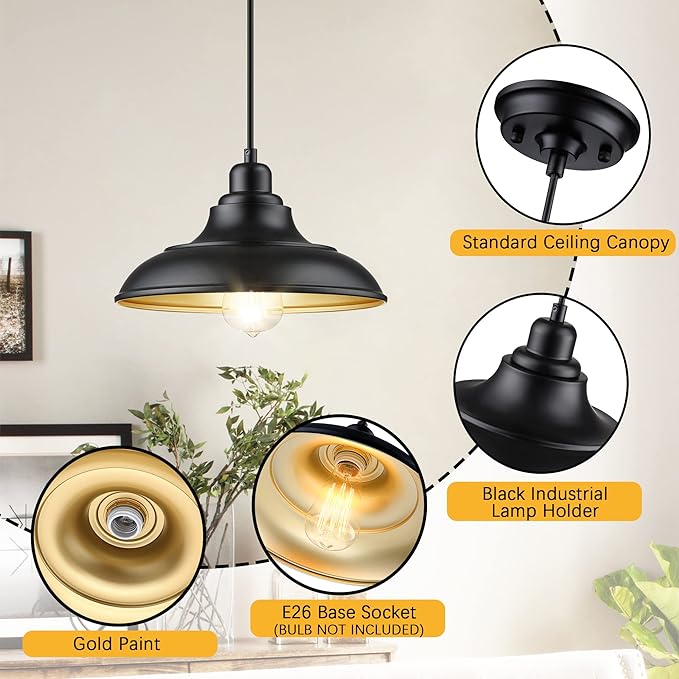 Pendant Lighting, Farmhouse Decor Adjustable Metal Hanging Lamp Ceiling Lamp, Hanging Light Fixtures, Industrial Black Pendant Lights for Kitchen Island Dining Room Barn, E26 Base, 2 Pack