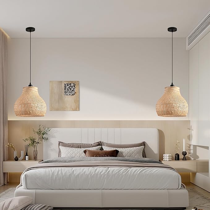 Bamboo Pendant Light 13.39" Hand Woven Rattan Pendant Light,1-Light Bamboo Rattan Ceiling Hanging Light,for Living Room Kitchen Dining Room Farmhouse