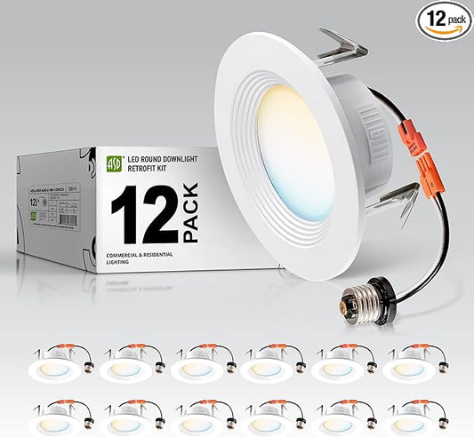 ASD 12 Pack 4 Inch Retrofit LED Recessed Light - 9W 2700K-5000K 700LM Retrofit LED Recessed Lighting 4 Inch, Dimmable Recessed Lights, Wet Rated Baffle Trim Can Lights, UL