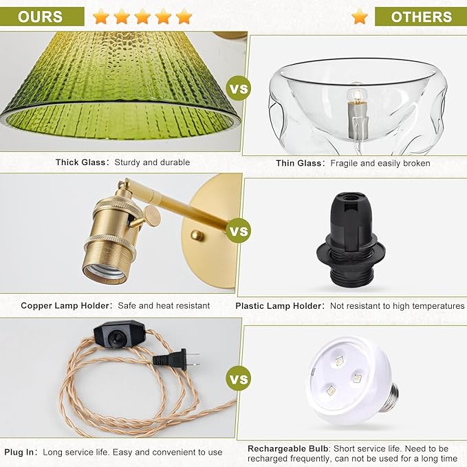 Plug in Wall Sconce, Vintage Sconce Light with Gradient Green Glass Lampshade, Bedside Wall Sconce with Switch and Plug in Wall Lamp Cord, Gold Wall Light for Bedroom