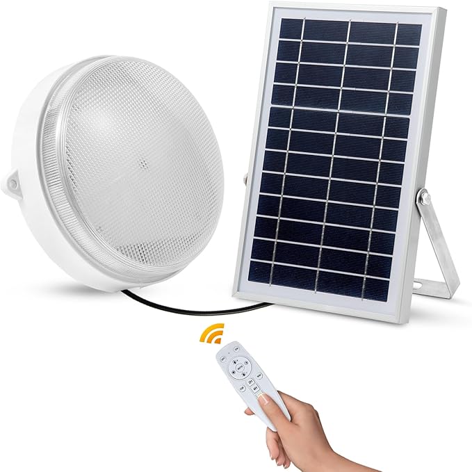 Solar Ceiling Lights-Indoor Outdoor, Daytime & Dimmable 1000LM Solar Shed Light with ON/Off Switch & Remote, Cool/Warm White Barn Light for Yard, Patio, Shop, Porch, Chicken Coop