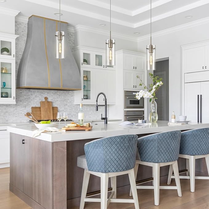 Glass Brushed Nickel Pendant Light, Modern Kitchen Island Pendant Lighting with Ribbed Glass, Adjustable Cord Single Pendant Light for Over Island, Dining Room, Bathroom Bedroom