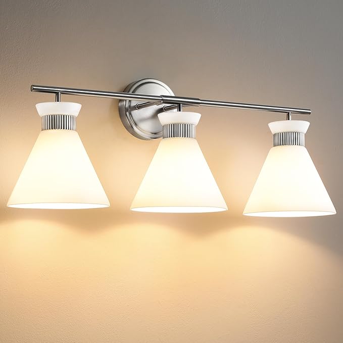 WOSHITU Nickel Bathroom Vanity Light Fixtures: Vanity Lighting Fixtures Over Mirror 23.4 inch with Milky White Frosted Glass, 3-Lights Vanity Light Above Mirror Bathroom Wall Light(Exclude Bulb)
