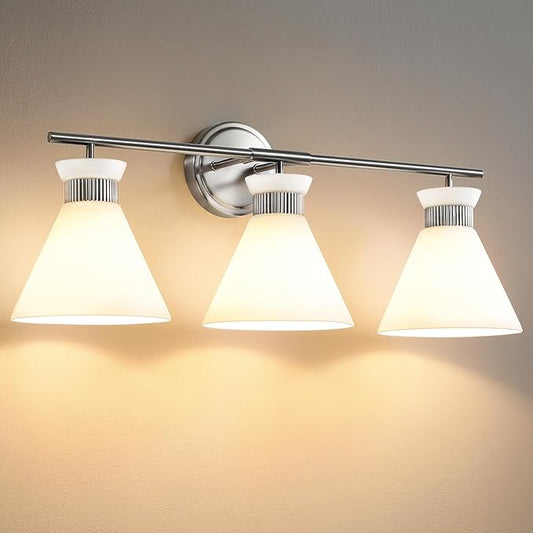 WOSHITU Nickel Bathroom Vanity Light Fixtures: Vanity Lighting Fixtures Over Mirror 23.4 inch with Milky White Frosted Glass, 3-Lights Vanity Light Above Mirror Bathroom Wall Light(Exclude Bulb)