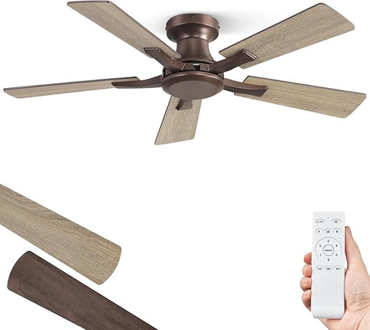 ZMISHIBO 42 Inch Ceiling Fan No Light, Flush Mount Low Profile, Farmhouse Brown Ceiling Fan Without Light, Remote Control & Quiet DC Motor, for Indoor&Outdoor, Bedroom, Living Room