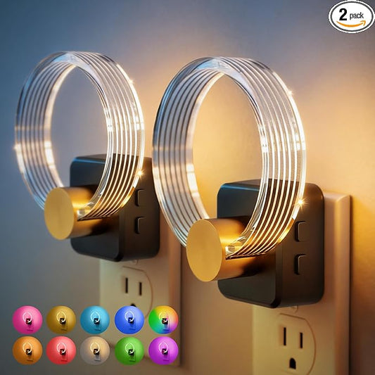 JandCase Night Light, 2 Pack Color Changing Night Lights Plug into Wall, RGB Nightlight with Light Sensor, 180° Rotatable Plug in Nightlights, Dimmable Ring Acrylic Night Light for Kids Gifts Hallway