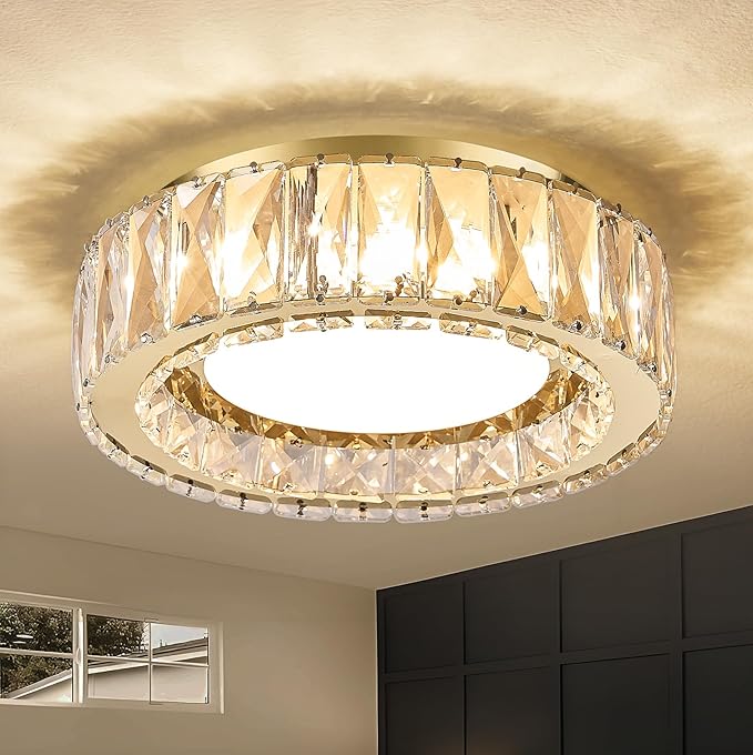 Dimmable Modern Luxury Crystal LED Flush Mount Ceiling Light,11 Inch 24W/5CCT 3000K-6000K Gold Close to Ceiling Light Fixture r for Kitchen,Entryway,Laundry Room,Porch