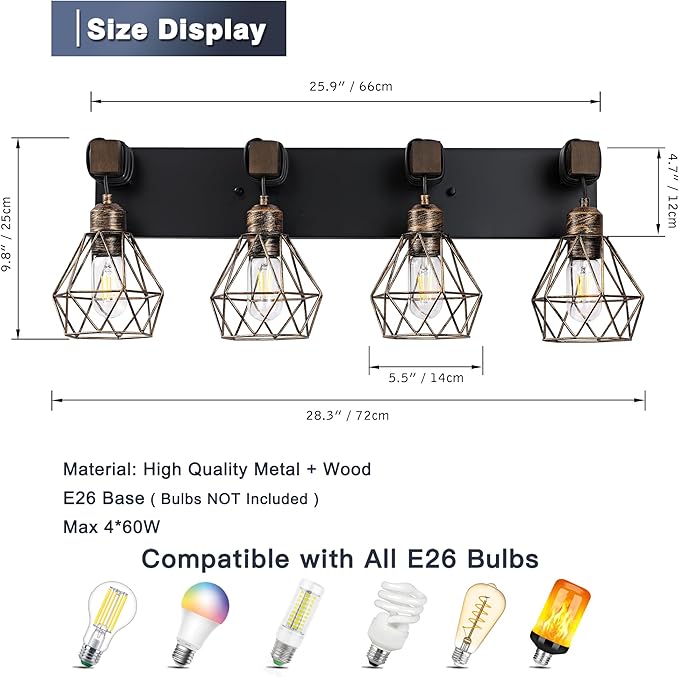 Farmhouse Bathroom Vanity Light Fixtures, 4-Light Black Gold Bathroom Light Fixtures Over Mirror, Rustic Wood Sconces Wall Lighting with Elegant Metal Lampshade for Living Room, Bedroom, Hallway