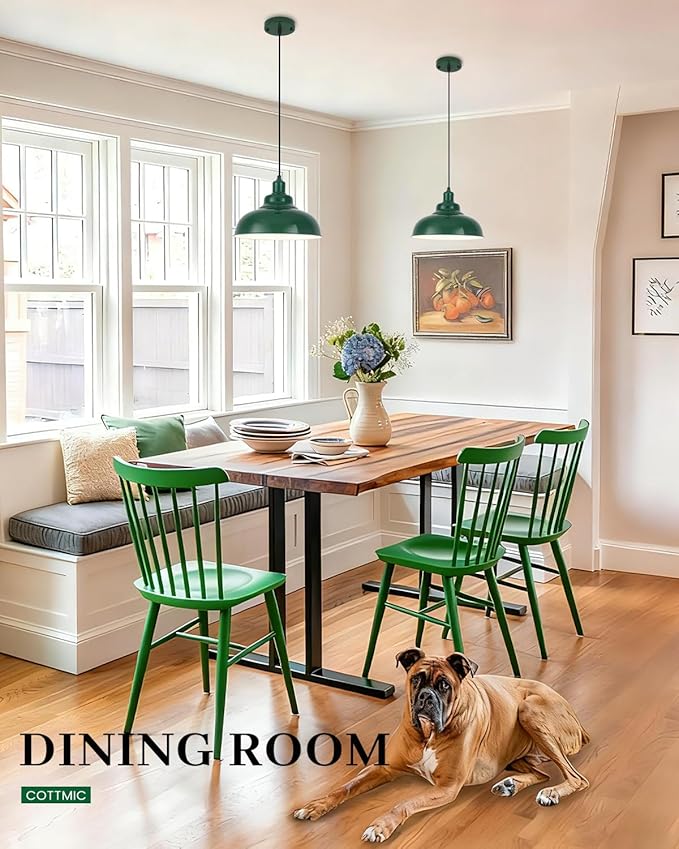 Green Pendant Light, Modern Pendant Light, 11.4in Farmhouse Pendant Lights Kitchen Island 2 Pack, Adjustable Height, Industrial Pendnat Lighting for Dining Room, Living Room, Hallway