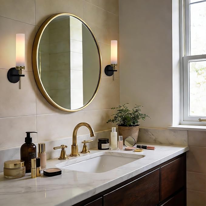 LaLuLa Wall Sconce Set of 2, Black and Gold Vanity Lights for Bathroom, Knurled Detail, Frosted Glass Cylinder Shade, E26 Base, Hardwired, Up or Down Mount, for Hallway, Bedroom, Living Room