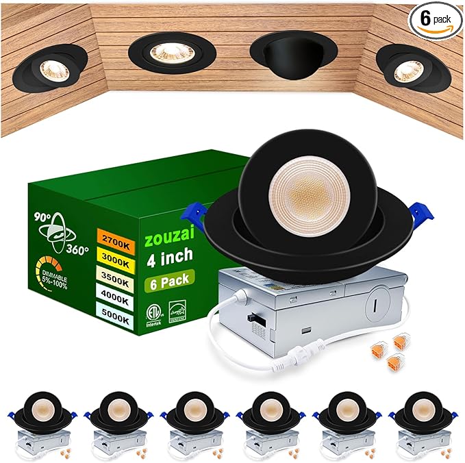 zouzai 4 inch 5CCT Gimbal Black LED Recessed Lights, 360°+90° Adjustable, Dimmable (2700K-5000K), Retrofit Eyeball Lights with Jbox, ETL Listed, Ideal for Home, Commercial & Display, 6 Pack