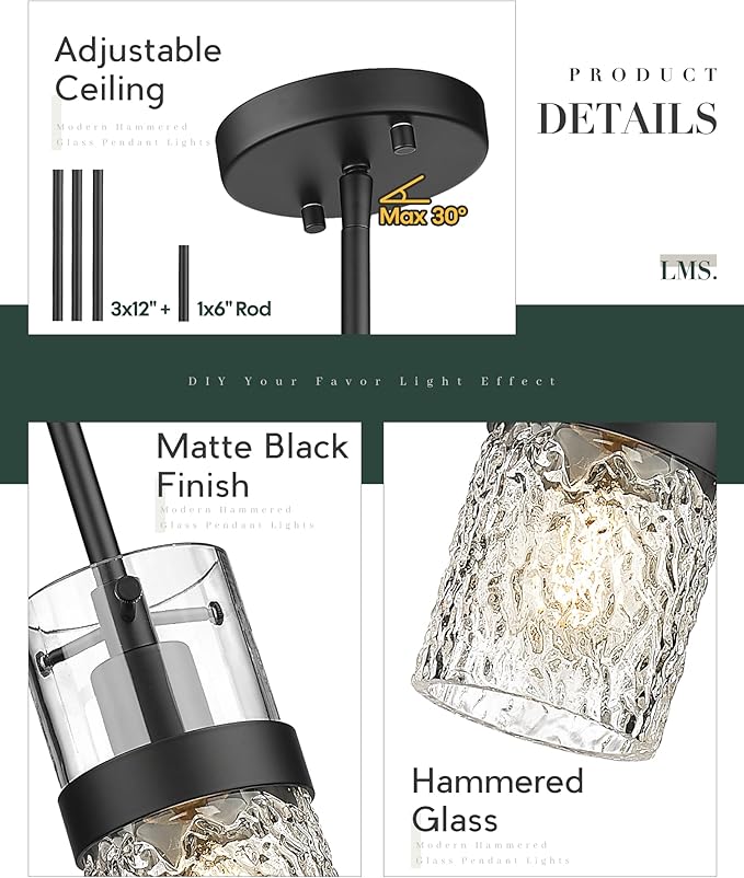 LMS Glass Pendant Lights Kitchen Island, 1-Light Modern Black Pendant Light with Hammered Glass and Rods, Mini Hanging Lighting for Kitchen Island Sink Bathroom Bedroom, LMS-172
