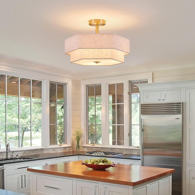 SGLfarmty 17.7" Gold Flush Mount Ceiling Light, 3-Light Farmhouse Light Fixture Ceiling Mount with 2-Tier Hexagonal Fabric Linen Shade, Modern Drum Chandelier for Bedroom Hallway Living Room
