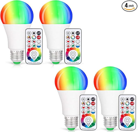 SUNNEST LED Light Bulbs, 4 Pack Dimmable E26 LED Light Bulb, 10W RGBW Color Changing Light Bulb with Remote Control, Decorative Lights, Mood Light Bulb, Great for Home Decor, Stage, Party and More