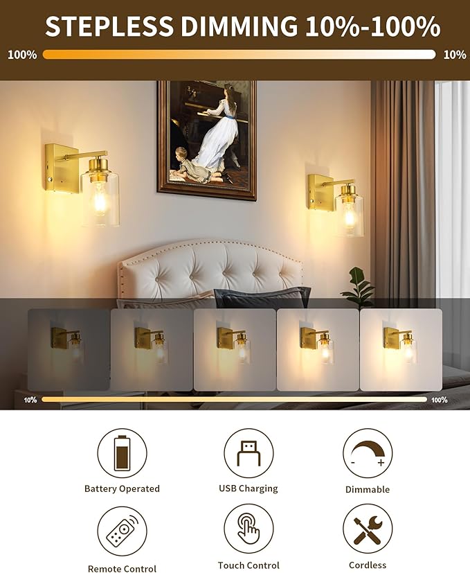 Rayogale Rechargeable Wall Sconce, Gold Battery Operated Wall Sconce Set of 2 with Timer Function, Easy Install Dimmable Wireless Wall Lamps for Living Room, Bedroom, Hallway, Entryway Decor 3000K