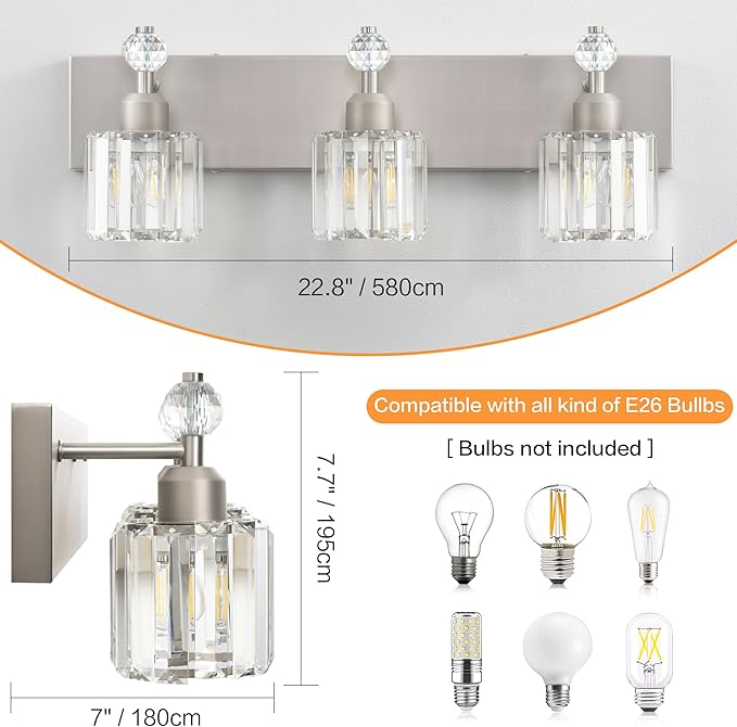 PRESDE 3-Light Crystal Bathroom Vanity Light, Brushed Nickel Bath Lighting Over Mirror, Modern Wall Sconce Fixture