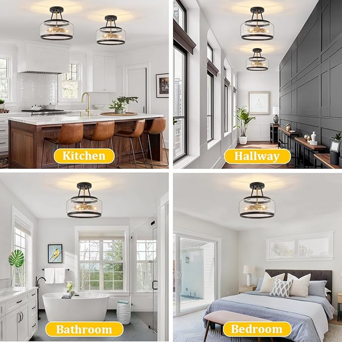 3-Light Semi Flush Mount Ceiling Light Modern Glass Drum Entryway Chandelier Black and Gold Hallway Lights Kitchen Ceiling Lighting Fixtures for Bedroom Foyer Laundry Bathroom Dining Room