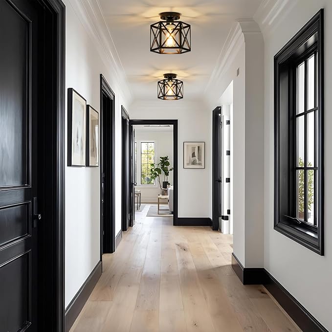 Modern Farmhouse Semi Flush Mount Ceiling Light,Industrial Black Ceiling Lighting Fixture,Hexagonal Close to Ceiling Lights for Kitchen, Hallway, Entryway, Bedroom,Foyer,Laundry Room,9.5 Inch