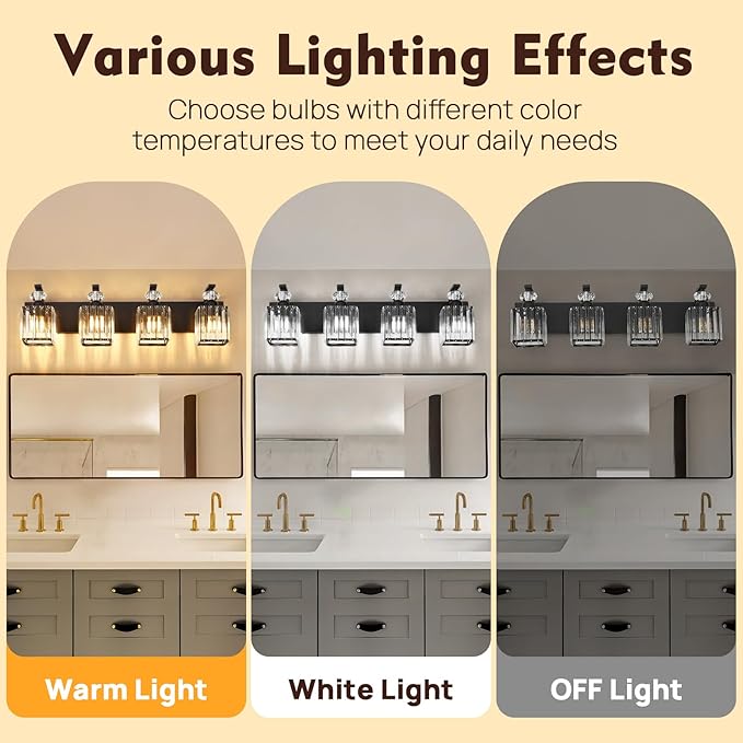Modern Bathroom Vanity Light, 4-Light Black Bathroom Lighting Fixtures Over Mirror, 28.4" Crystal Wall Light Sconce for Bathroom/Bedroom/Vanity, Includes LED Bulbs, Easy Installation