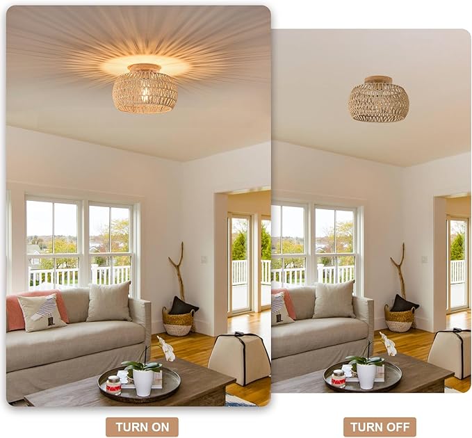 13 Inch Rattan Flush Mount Ceiling Lights Farmhouse Boho Ceiling Light Fixtures Rustic Wicker Hand Woven Rope Cage for Dining Room Kitchen Bedroom Foyer Hallway Entryway