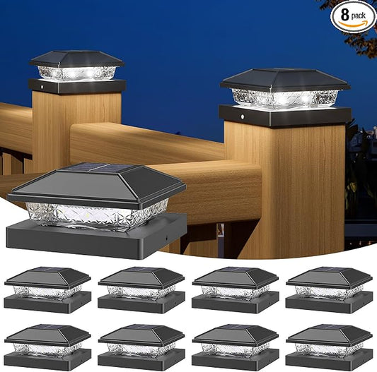 NIORSUN Solar Post Lights Outdoor, Fence Post Solar Lights Cool White, Waterproof, Garden Patio Fence Deck Decor, 4x4 Posts Cap Wood Vinyl, Black 8 Pack